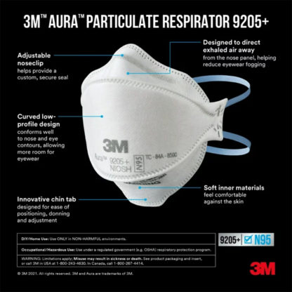 3M Aura Health Care Particulate Respirator and Surgical Mask 9205+